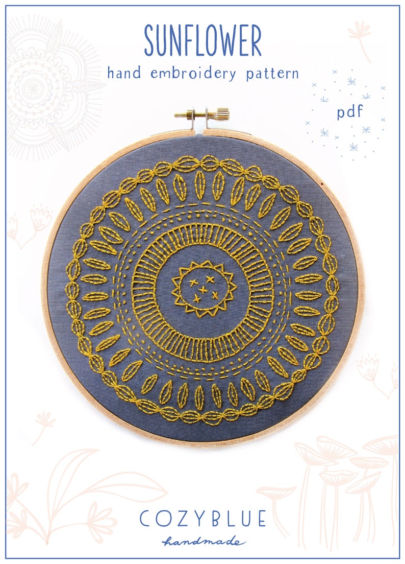 SUNFLOWER - pdf embroidery pattern, modern hand embroidery, flower mandala, embroidery hoop art, golden flower design, by cozyblue on etsy 