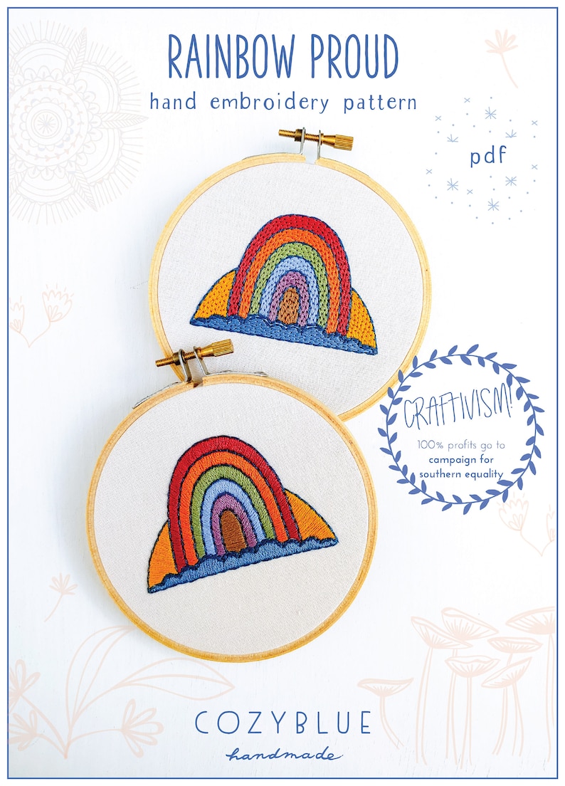 RAINBOW PROUD pdf embroidery pattern, embroidery hoop art, digital download, lgbtq, equal rights, southern equality, gay pride, equality image 1
