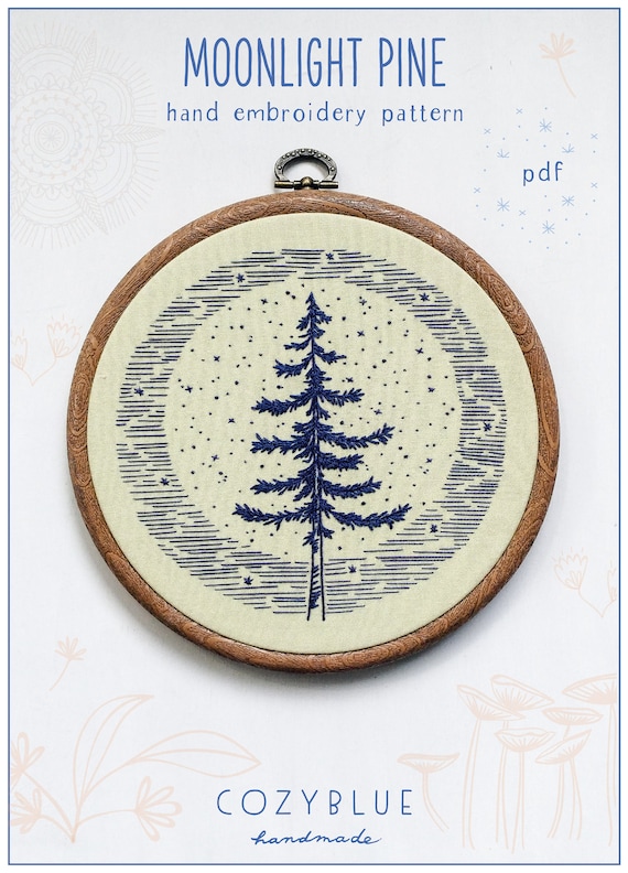 MOONLIGHT PINE - pdf embroidery pattern, embroidery hoop art, hand embroidery, blue moon, full moon, pine tree, summer sky, starry sky, tree