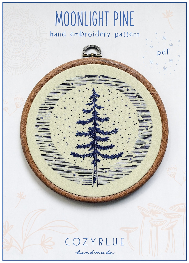 MOONLIGHT PINE pdf embroidery pattern, embroidery hoop art, hand embroidery, blue moon, full moon, pine tree, summer sky, starry sky, tree image 1