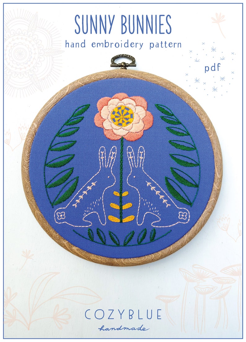 SUNNY BUNNIES pdf embroidery pattern, embroidery hoop art, bunnies and flower, folk art, bunny design, blue bunnies hoop image 1