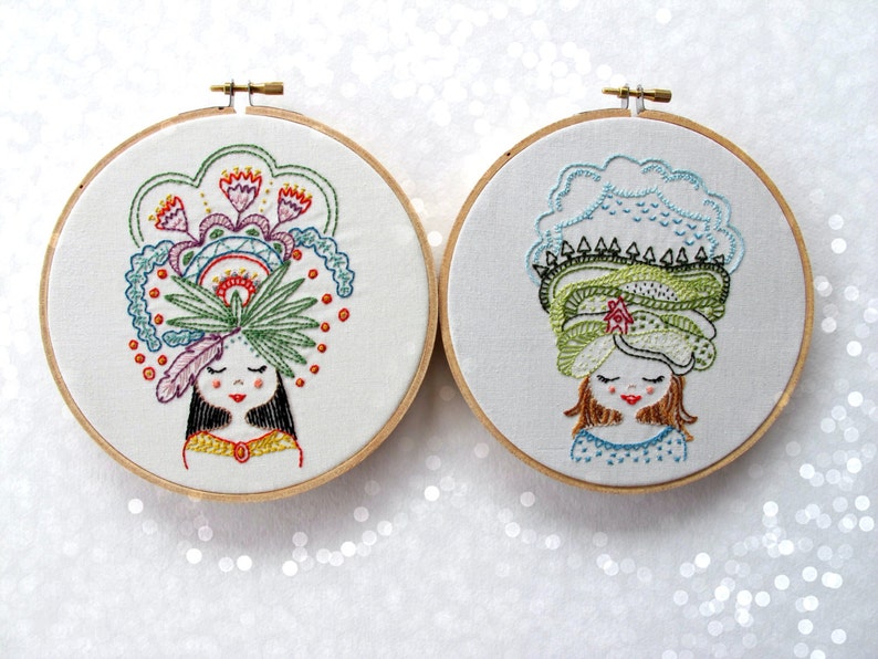 FLOWER GIRL pdf embroidery pattern, feather and flowers, girl with flower crown, embroidery hoop art, stitch design, cozyblue on etsy image 5