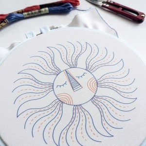 SUN KING pdf embroidery pattern, embroidery hoop art, sun face, sleepy sun, celestial design, sun and moon, sunshine, hand embroidery image 2