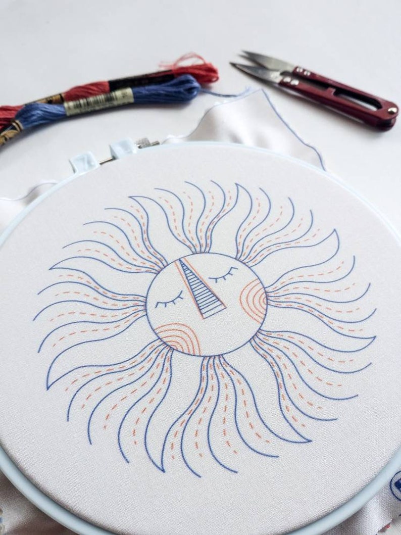 SUN KING pdf embroidery pattern, embroidery hoop art, sun face, sleepy sun, celestial design, sun and moon, sunshine, hand embroidery image 2