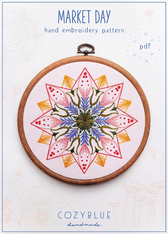 MARKET DAY - pdf embroidery pattern, embroidery hoop art, hand embroidery, mandala design, folk art, wagon wheel, stitch pattern