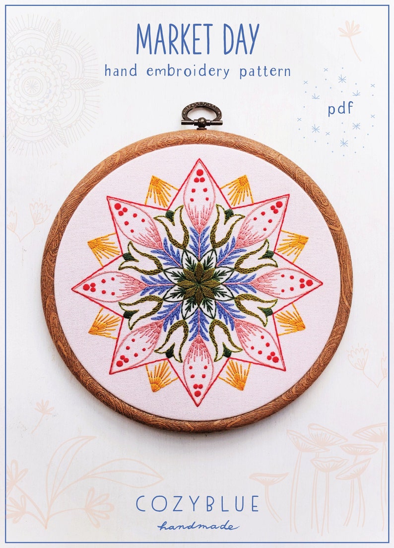 MARKET DAY - pdf embroidery pattern, embroidery hoop art, hand embroidery, mandala design, folk art, wagon wheel, stitch pattern image 1