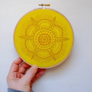 GOLDEN MANDALA pdf embroidery pattern, embroidery hoop art, monochrome, yellow mandala, mandala for hand embroidery, yellow flower image 6