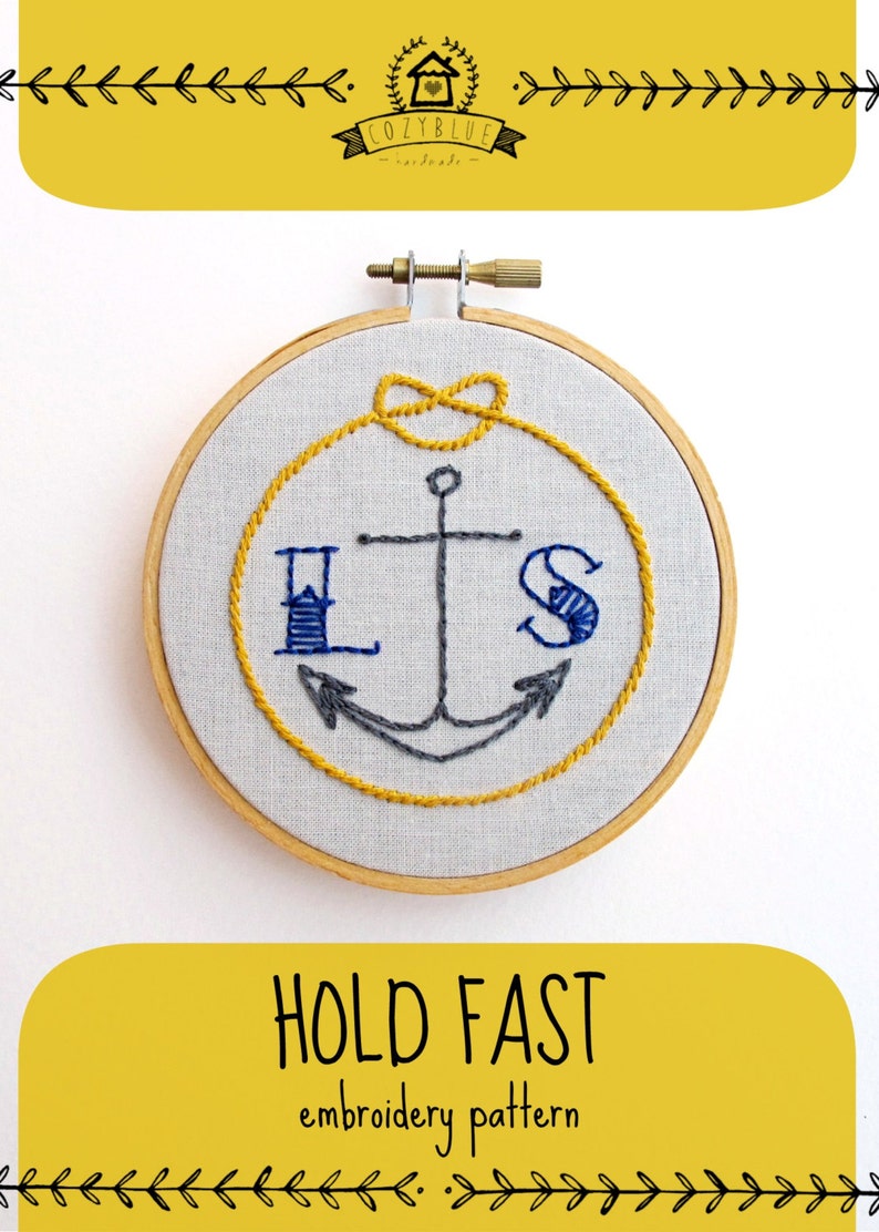 HOLD FAST pdf embroidery pattern custom initials and anchor, nautical, anchor embroidery pattern, nautical design, by cozyblue on etsy image 1