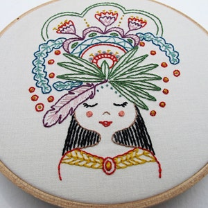 FLOWER GIRL pdf embroidery pattern, feather and flowers, girl with flower crown, embroidery hoop art, stitch design, cozyblue on etsy image 4