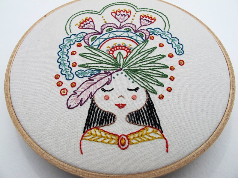 FLOWER GIRL pdf embroidery pattern, feather and flowers, girl with flower crown, embroidery hoop art, stitch design, cozyblue on etsy image 4