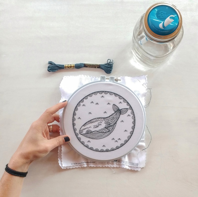 WHALE of TIME pdf embroidery pattern, embroidery hoop art, DIY stitching, nautical theme, ocean inspired, blue whale, sea captain image 4