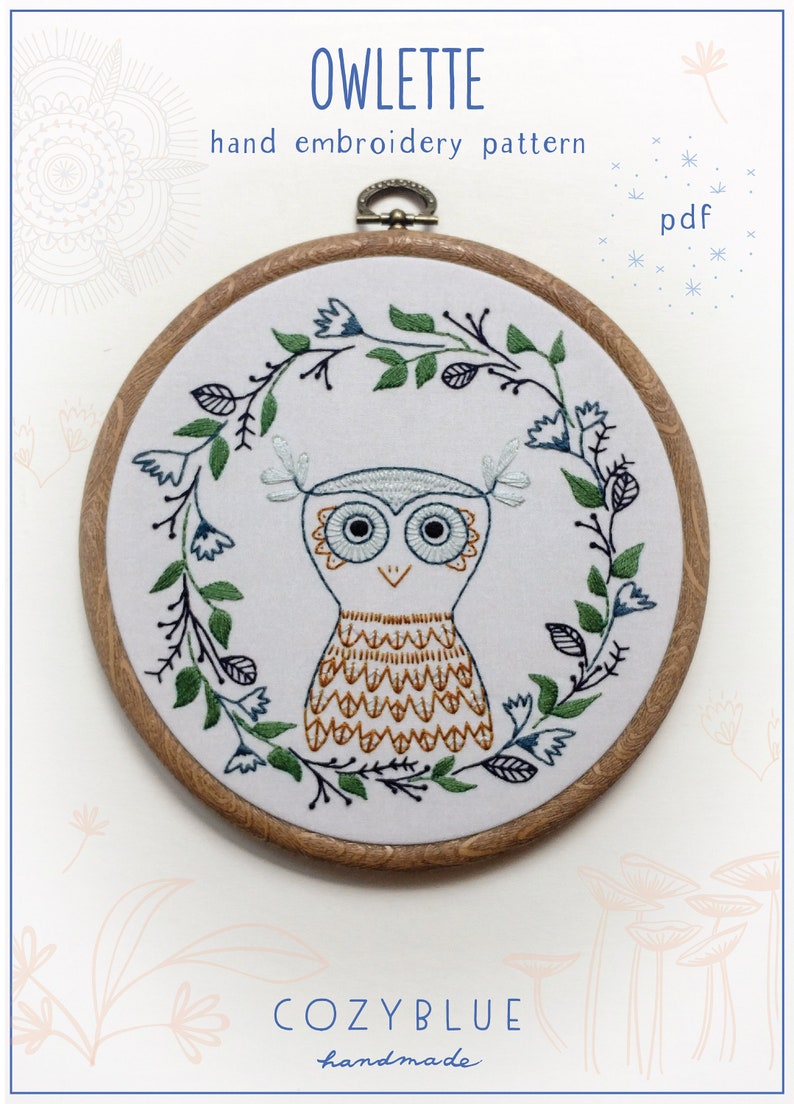 OWLETTE pdf embroidery pattern, embroidery hoop art, wise owl, owl with wreath frame, fall wreath design, stitched owl, bird embroidery image 1