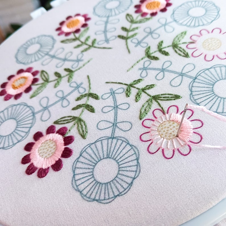 SUNNY FOLK pdf embroidery pattern, embroidery hoop, digital download, meditative stitching, folk flowers, radial repeat, mod flowers image 5