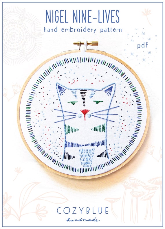 NIGEL NINE-LIVES pdf embroidery pattern, hand embroidery, cat design, grumpy cat, gifts for cat lovers, crazy cat lady, kitty cat pattern