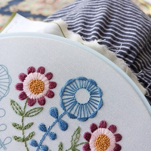 SUNNY FOLK pdf embroidery pattern, embroidery hoop, digital download, meditative stitching, folk flowers, radial repeat, mod flowers image 6