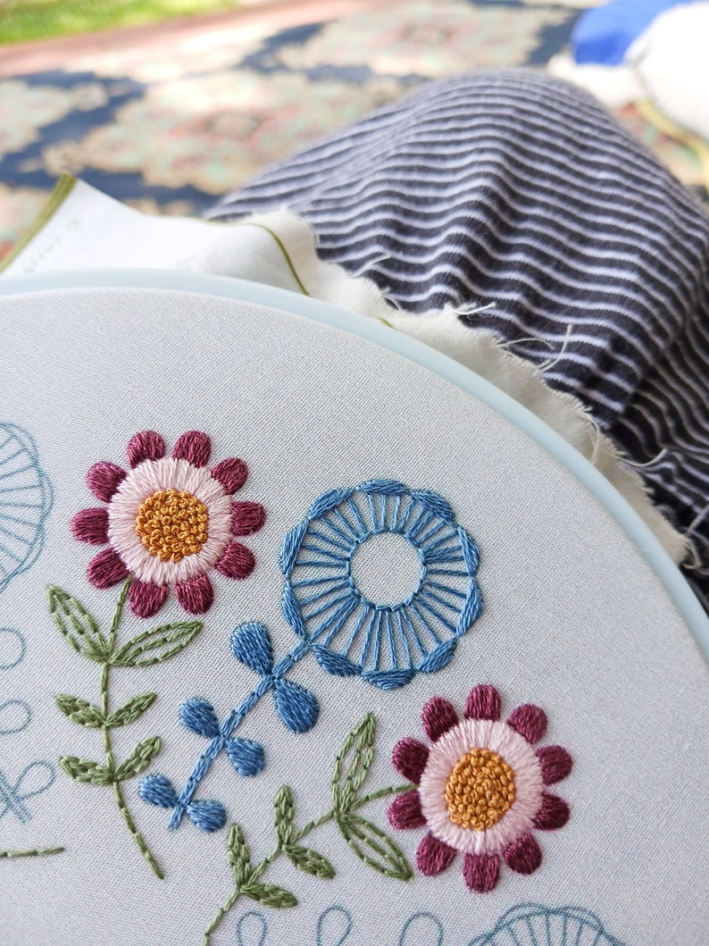 SUNNY FOLK pdf embroidery pattern, embroidery hoop, digital download, meditative stitching, folk flowers, radial repeat, mod flowers image 6