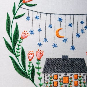 GOLDEN SLUMBERS pdf embroidery pattern, embroidery hoop art, hand embroidery, house under the stars, home sweet home, flower garden image 9