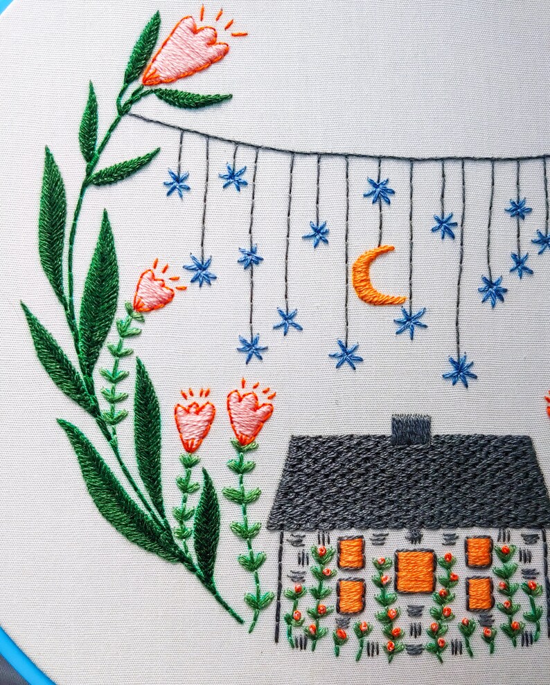 GOLDEN SLUMBERS pdf embroidery pattern, embroidery hoop art, hand embroidery, house under the stars, home sweet home, flower garden image 9