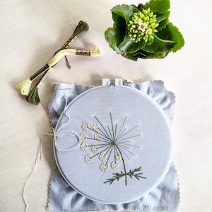 QUEEN ANNES LACE pdf embroidery pattern, embroidery hoop art, wild carrot blossom, lacy white flower cluster, dandelion, summer wildflower image 2