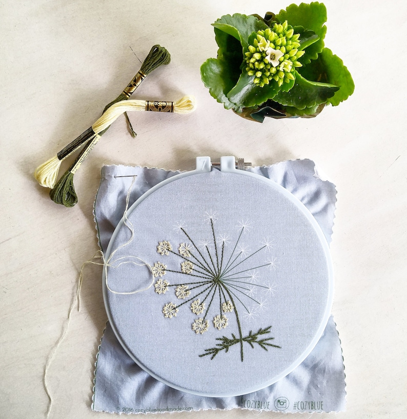 QUEEN ANNES LACE pdf embroidery pattern, embroidery hoop art, wild carrot blossom, lacy white flower cluster, dandelion, summer wildflower image 2