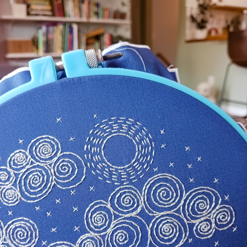 NIGHT SKY pdf embroidery pattern, embroidery hoop art, phases of the moon, la luna, clouds, sashiko style, blue moons, celestial, stars image 5