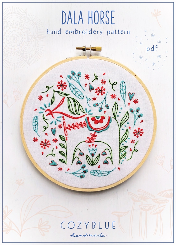 DALA HORSE - pdf embroidery pattern, embroidery hoop art, folk art, dala horse, toy horse, hand embroidery, painted pony