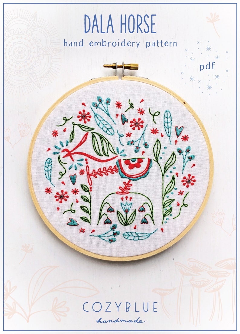 DALA HORSE pdf embroidery pattern, embroidery hoop art, folk art, dala horse, toy horse, hand embroidery, painted pony image 1