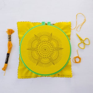 GOLDEN MANDALA pdf embroidery pattern, embroidery hoop art, monochrome, yellow mandala, mandala for hand embroidery, yellow flower image 2