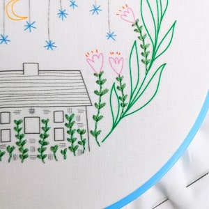 GOLDEN SLUMBERS pdf embroidery pattern, embroidery hoop art, hand embroidery, house under the stars, home sweet home, flower garden image 3