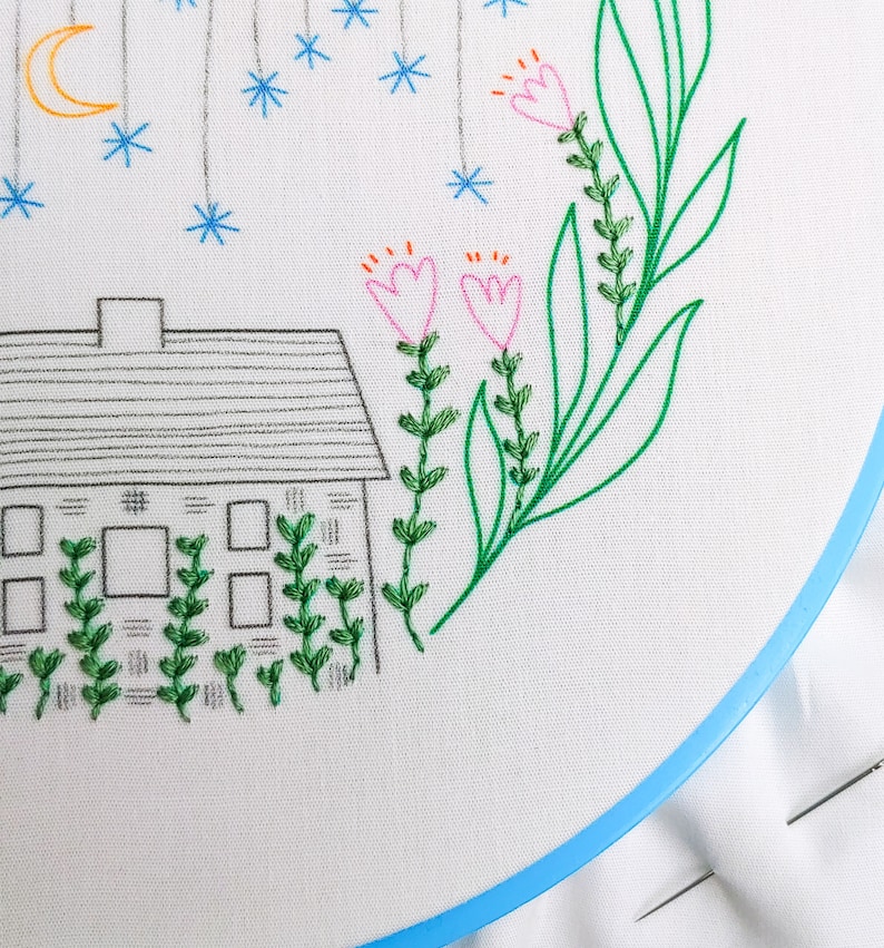 GOLDEN SLUMBERS pdf embroidery pattern, embroidery hoop art, hand embroidery, house under the stars, home sweet home, flower garden image 3