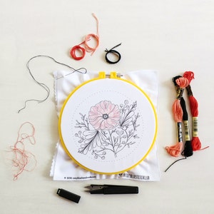 POPPY POWER - pdf embroidery pattern, embroidery hoop art, flower power, california wildflower, tattoo style, black work, coral pink poppy image 5