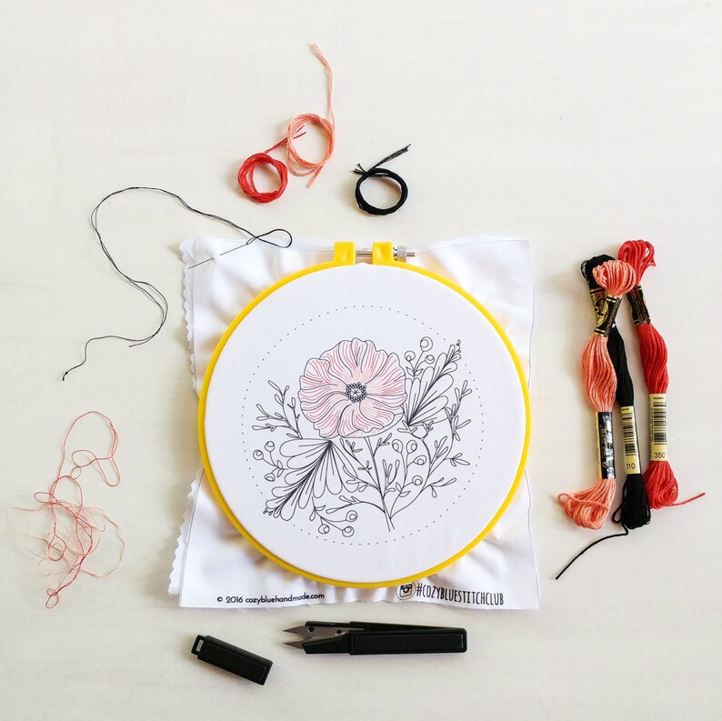 POPPY POWER - pdf embroidery pattern, embroidery hoop art, flower power, california wildflower, tattoo style, black work, coral pink poppy image 5