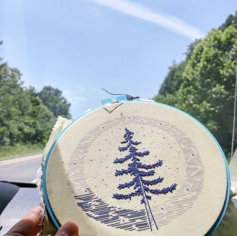 MOONLIGHT PINE pdf embroidery pattern, embroidery hoop art, hand embroidery, blue moon, full moon, pine tree, summer sky, starry sky, tree image 5