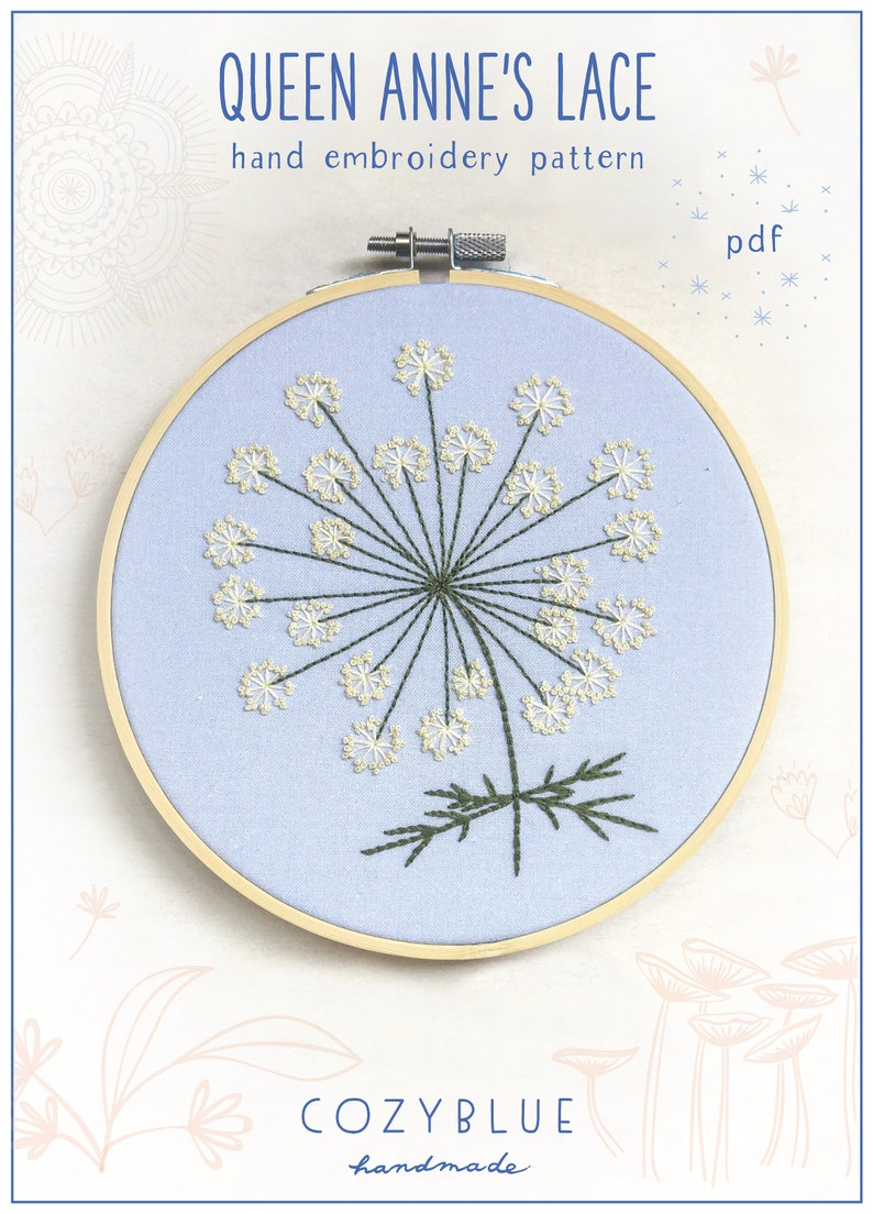 QUEEN ANNES LACE pdf embroidery pattern, embroidery hoop art, wild carrot blossom, lacy white flower cluster, dandelion, summer wildflower image 1