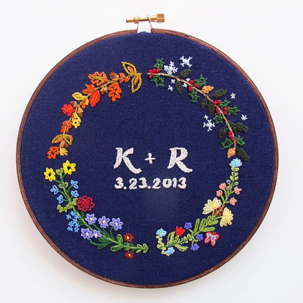 all year round - pdf embroidery pattern, custom initials and date, floral border, four seasons, wedding gift, ring bearer, anniversary gift