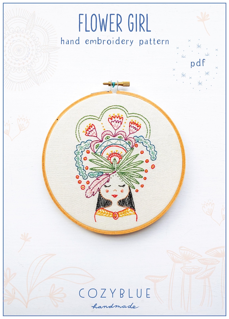 FLOWER GIRL pdf embroidery pattern, feather and flowers, girl with flower crown, embroidery hoop art, stitch design, cozyblue on etsy image 1