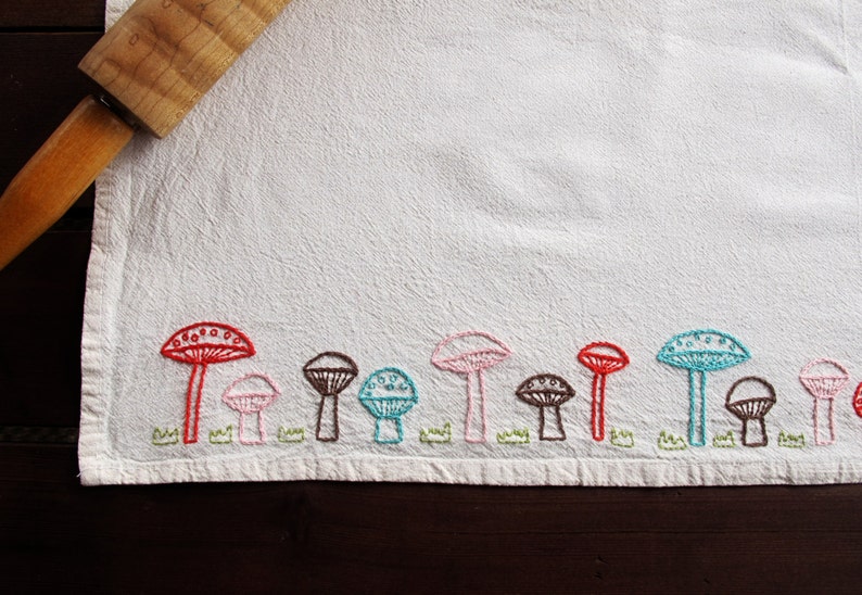 MUSHROOM ROW pdf embroidery pattern, tea towel edging, border design, row of mushrooms, wee toadstools image 4