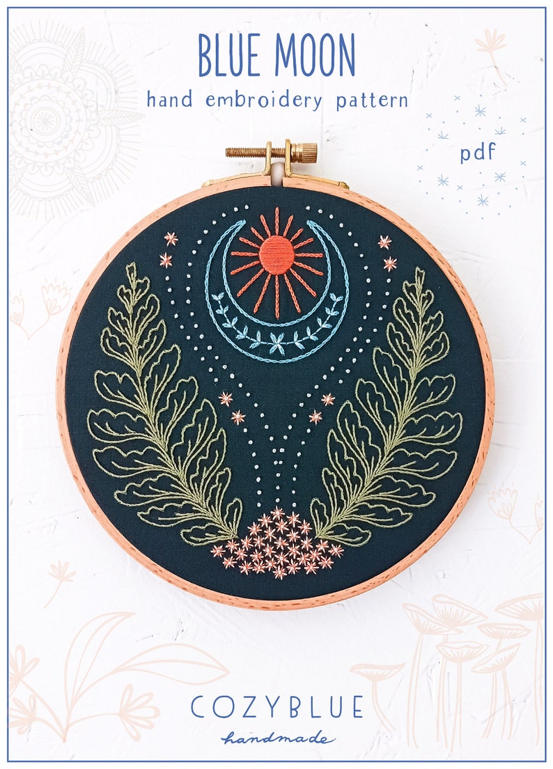 BLUE MOON pdf embroidery pattern, embroidery hoop art, midnight garden, moon and plants, moon flowers, celestial design, magical moon image 1