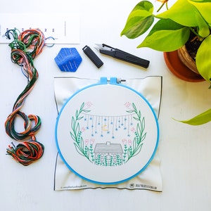 GOLDEN SLUMBERS pdf embroidery pattern, embroidery hoop art, hand embroidery, house under the stars, home sweet home, flower garden image 2