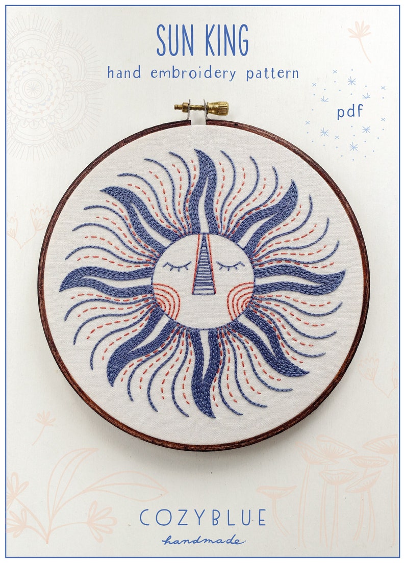 SUN KING pdf embroidery pattern, embroidery hoop art, sun face, sleepy sun, celestial design, sun and moon, sunshine, hand embroidery image 1