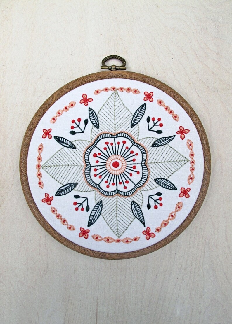 FLORAL MANDALA pdf embroidery pattern, circular flower, embroidery design, gifts for stitchers, embroidery hoop art, by cozyblue on etsy image 4