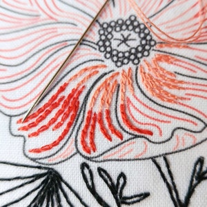 POPPY POWER - pdf embroidery pattern, embroidery hoop art, flower power, california wildflower, tattoo style, black work, coral pink poppy image 4