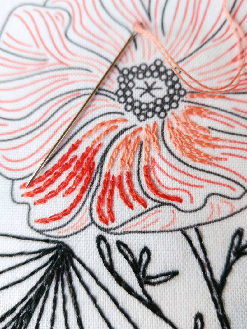 POPPY POWER - pdf embroidery pattern, embroidery hoop art, flower power, california wildflower, tattoo style, black work, coral pink poppy image 4