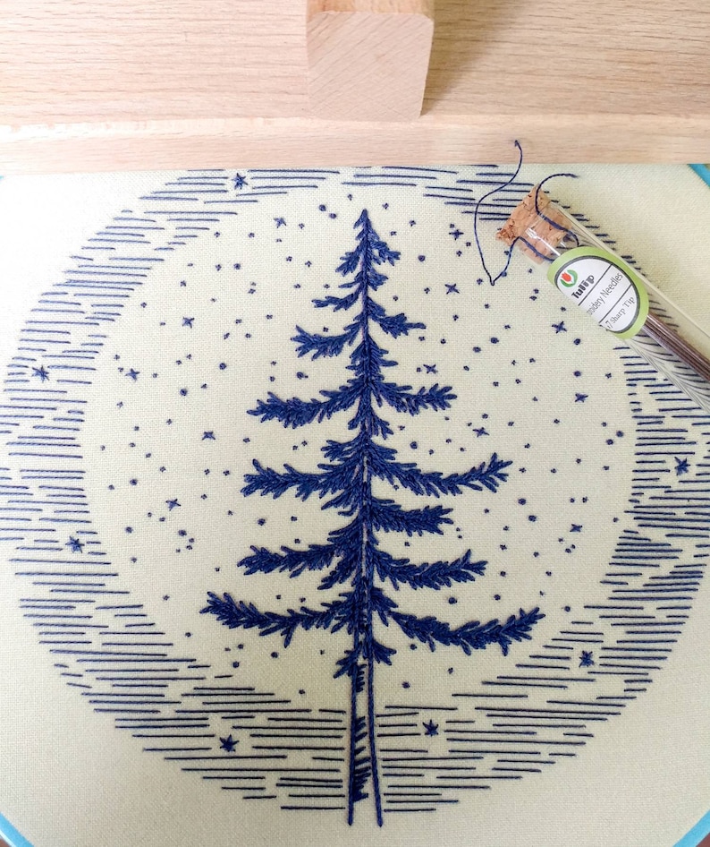 MOONLIGHT PINE pdf embroidery pattern, embroidery hoop art, hand embroidery, blue moon, full moon, pine tree, summer sky, starry sky, tree image 2