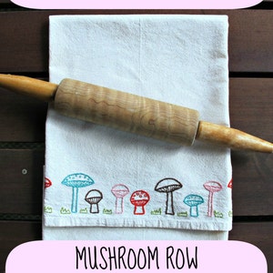 MUSHROOM ROW pdf embroidery pattern, tea towel edging, border design, row of mushrooms, wee toadstools image 1