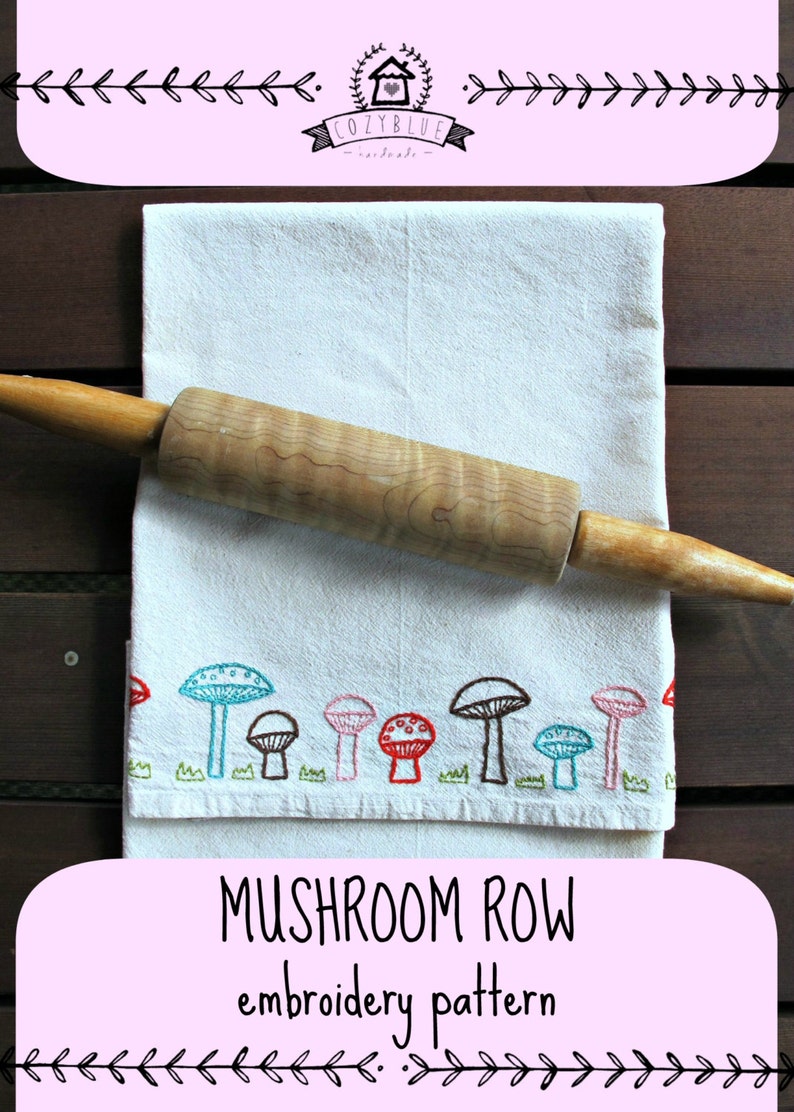 MUSHROOM ROW pdf embroidery pattern, tea towel edging, border design, row of mushrooms, wee toadstools image 1