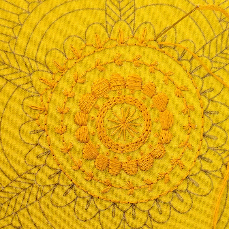 GOLDEN MANDALA pdf embroidery pattern, embroidery hoop art, monochrome, yellow mandala, mandala for hand embroidery, yellow flower image 3