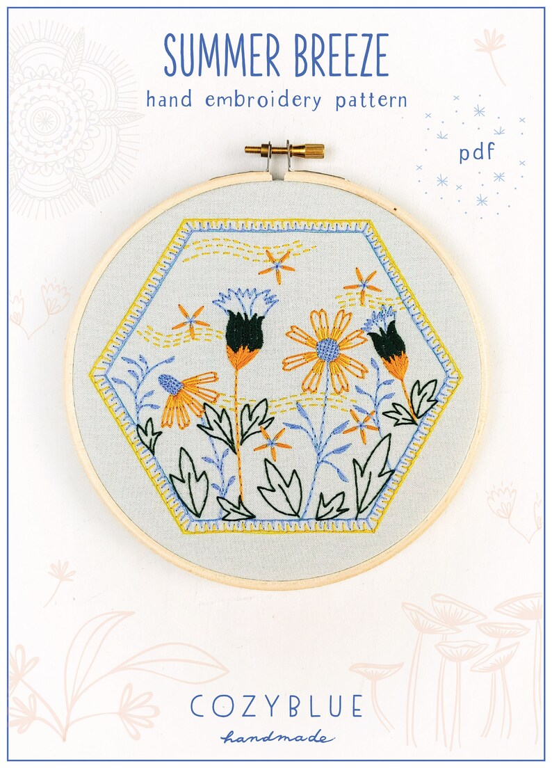 SUMMER BREEZE pdf embroidery pattern, embroidery hoop art, hand embroidery, retro hexie, vintage stoneware inspired, honeycomb, coneflower image 1