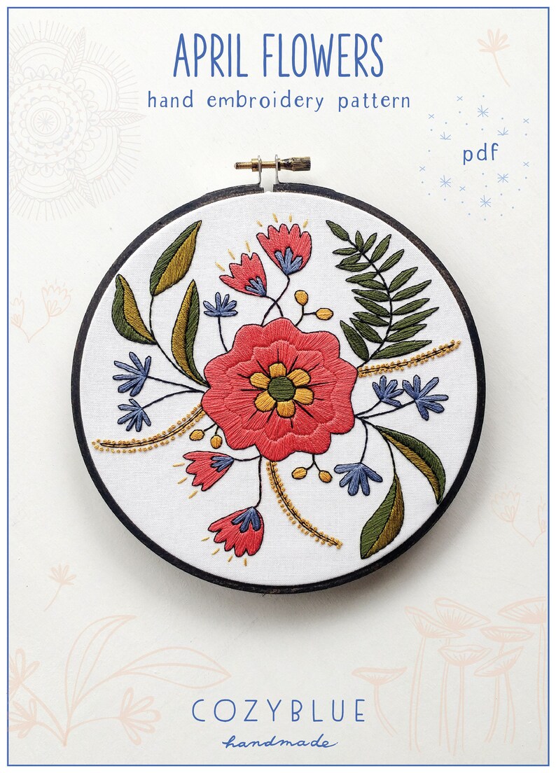 APRIL FLOWERS pdf embroidery pattern, embroidery hoop art, floral bouquet, may flower, floral stitching, embroidered flowers black outline image 1