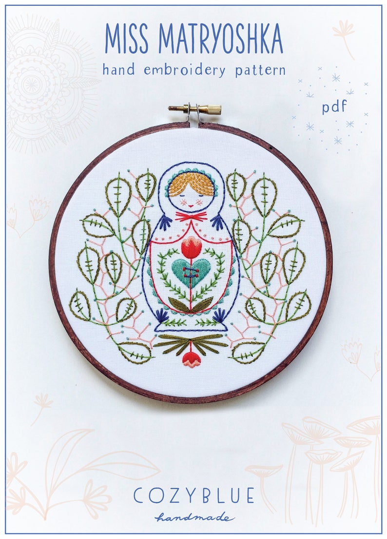 MISS MATRYOSHKA - pdf embroidery pattern, embroidery hoop art, nesting doll, nesting doll and leaves, stitching design 